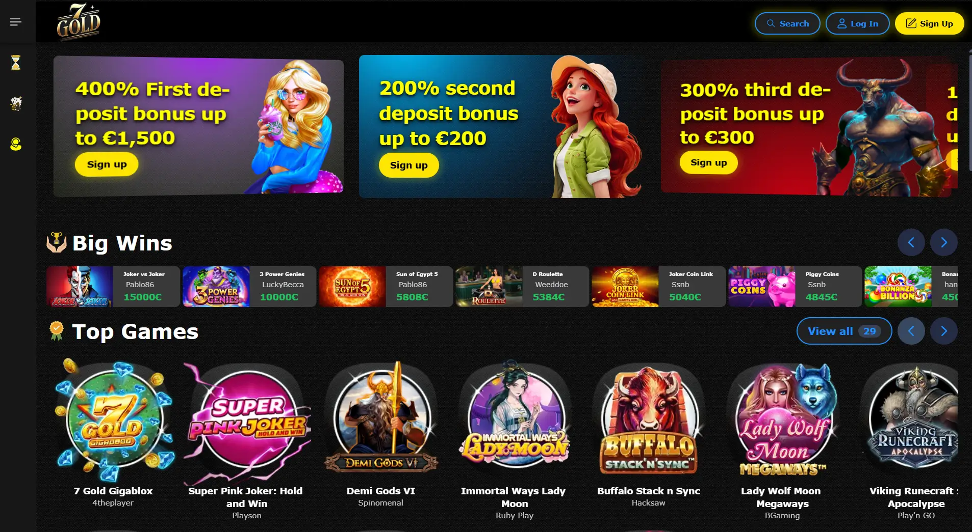 7Gold Casino lobby with deposit bonuses big wins and top slots