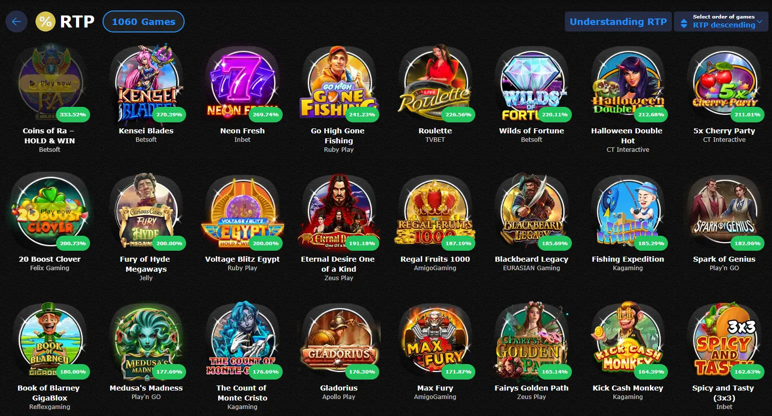7Gold Casino RTP slots list with high return percentage games